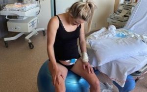 Carmen labouring on a birth ball