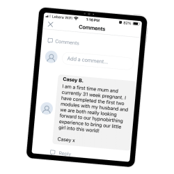 iPad Screen showing comment from hypnobirthing online support by Melissa Spilsted