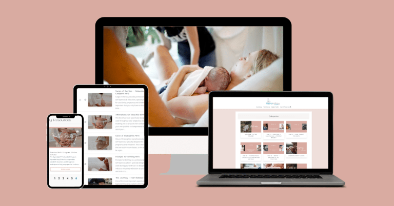 Computer Screen, laptop, tablet and phone displaying the Positive Birth Program Hypnobirthing Online Course (Online Birthing Classes)